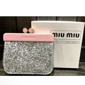 Miu Miu Silver Glitter Kiss-Lock Pouch Mini Bag Coin Purse w/ Pink Trim GWP NWB